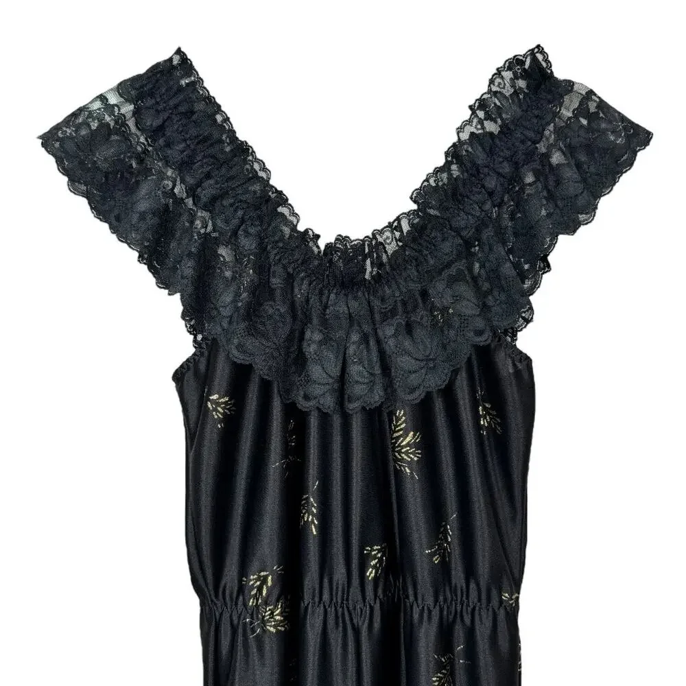 Vintage 70s Dolores For Poirette Black Sleepwear Jumpsuit Medium Lace Gold Satin - Picture 2 of 8